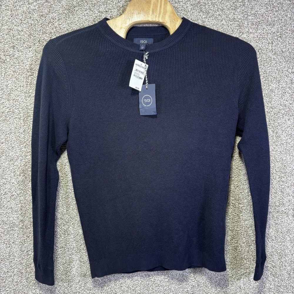NWT 1901 Sweater Mens Large Navy Cotton Cashmere Waffle Knit Crewneck Pullover